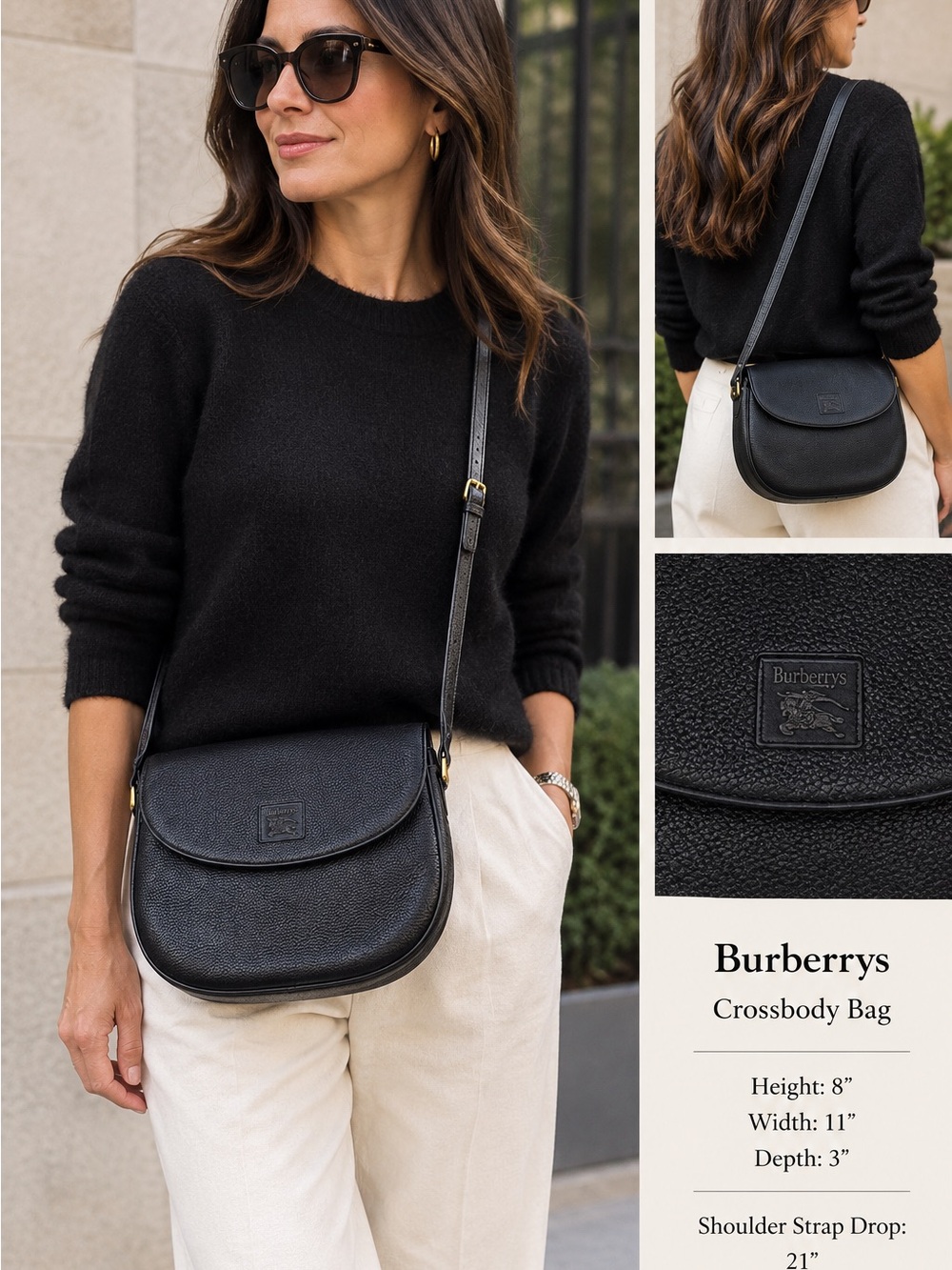 Burberry VTG Black Pebbled Leather Crossbody Bag